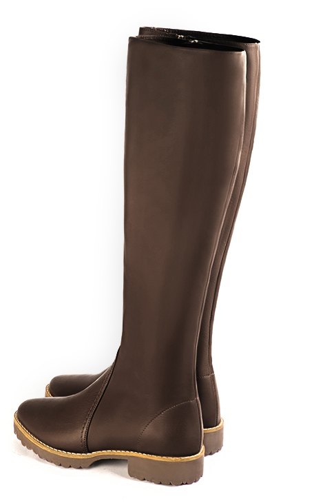 Dark brown women's riding knee-high boots. Round toe. Flat rubber soles. Made to measure. Rear view - Florence KOOIJMAN